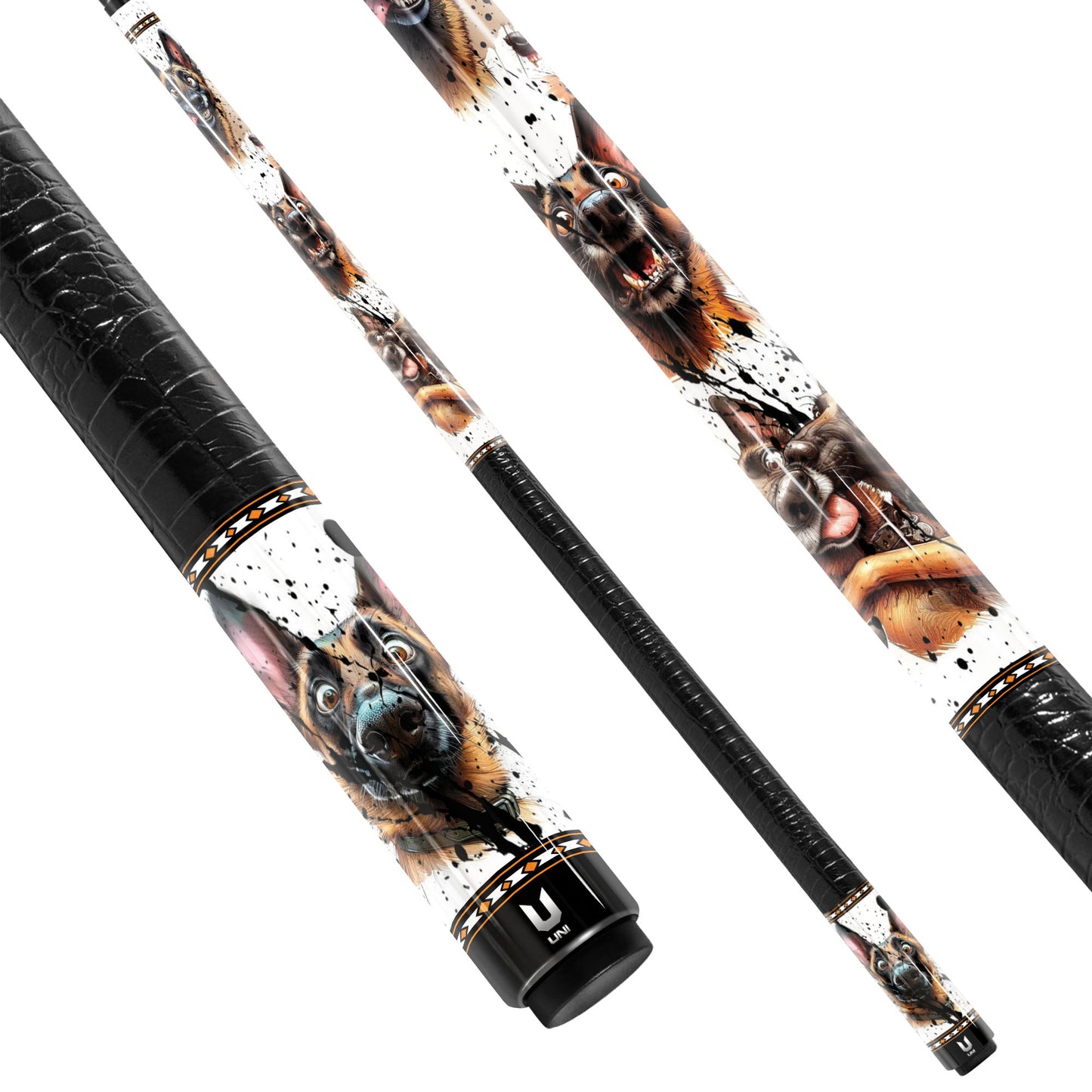 Malinois Madness Carbon Fiber Pool Cue - Funny Dog Expression & Splatter Art Stick