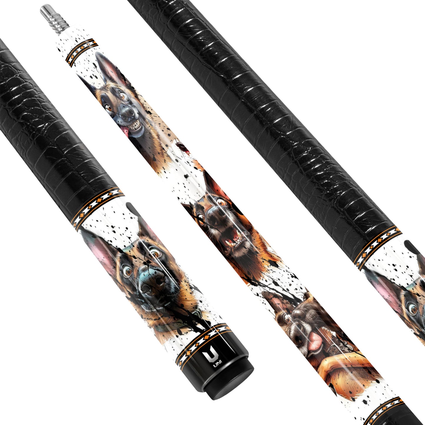Malinois Madness Carbon Fiber Pool Cue - Funny Dog Expression & Splatter Art Stick