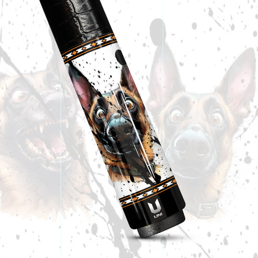 Malinois Madness Carbon Fiber Pool Cue - Funny Dog Expression & Splatter Art Stick