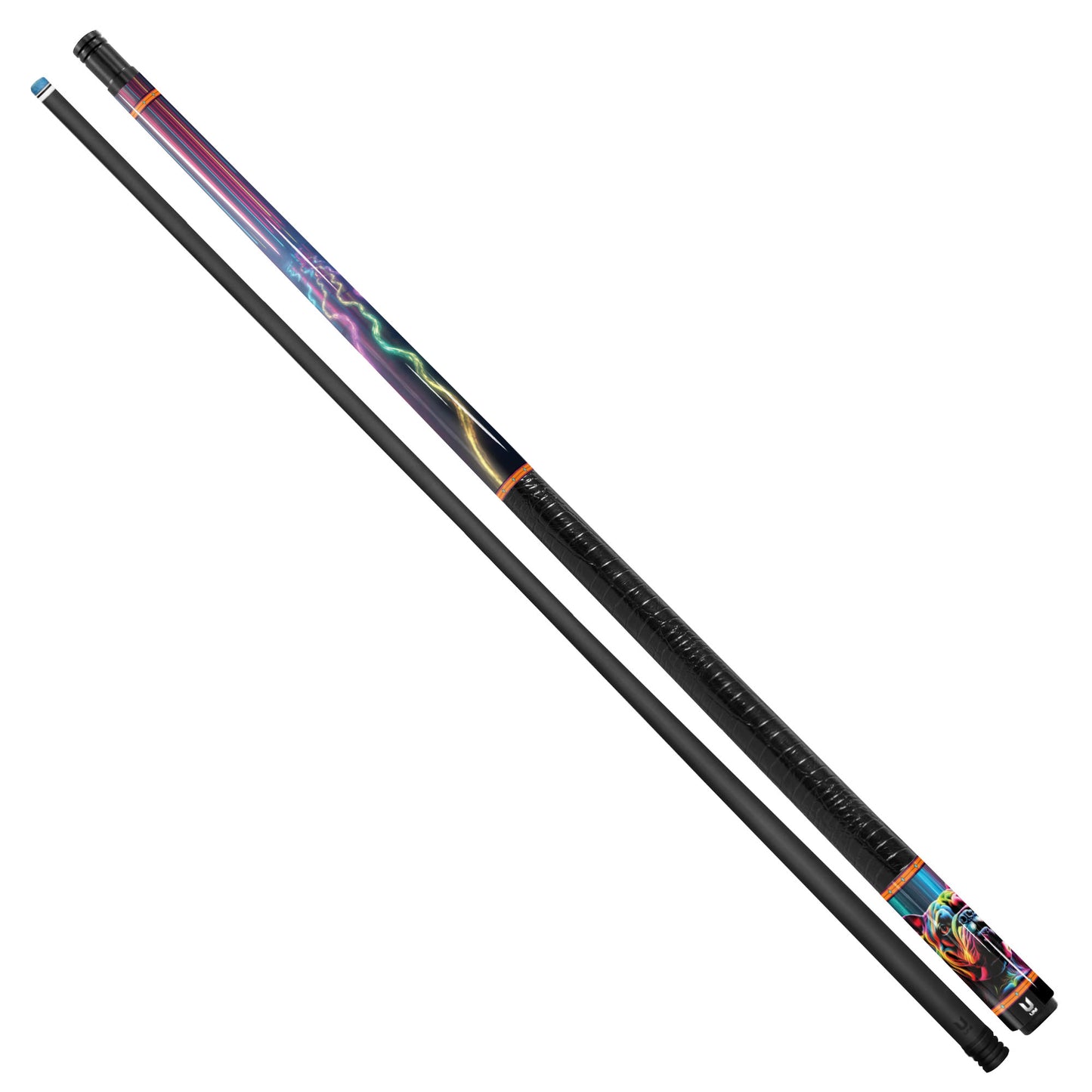 Neon Cyber Frenchie Carbon Fiber Pool Cue - Electric Pop Art Pet Stick & Glow Flow Design