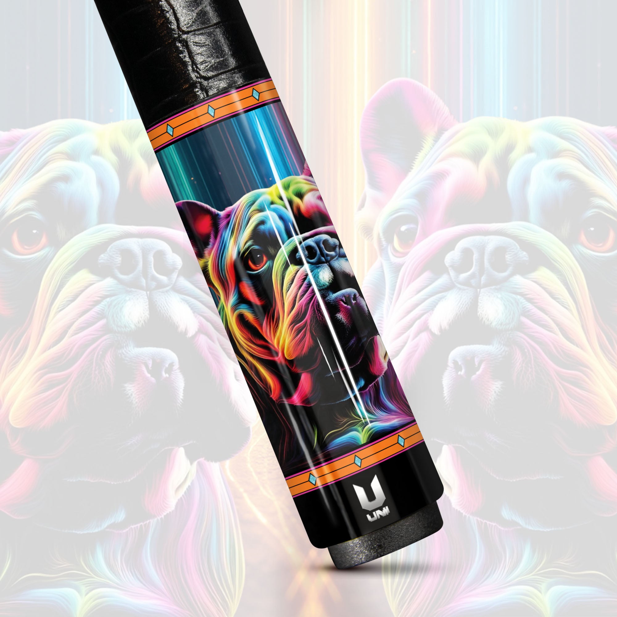 Neon Cyber Frenchie Carbon Fiber Pool Cue - Electric Pop Art Pet Stick & Glow Flow Design