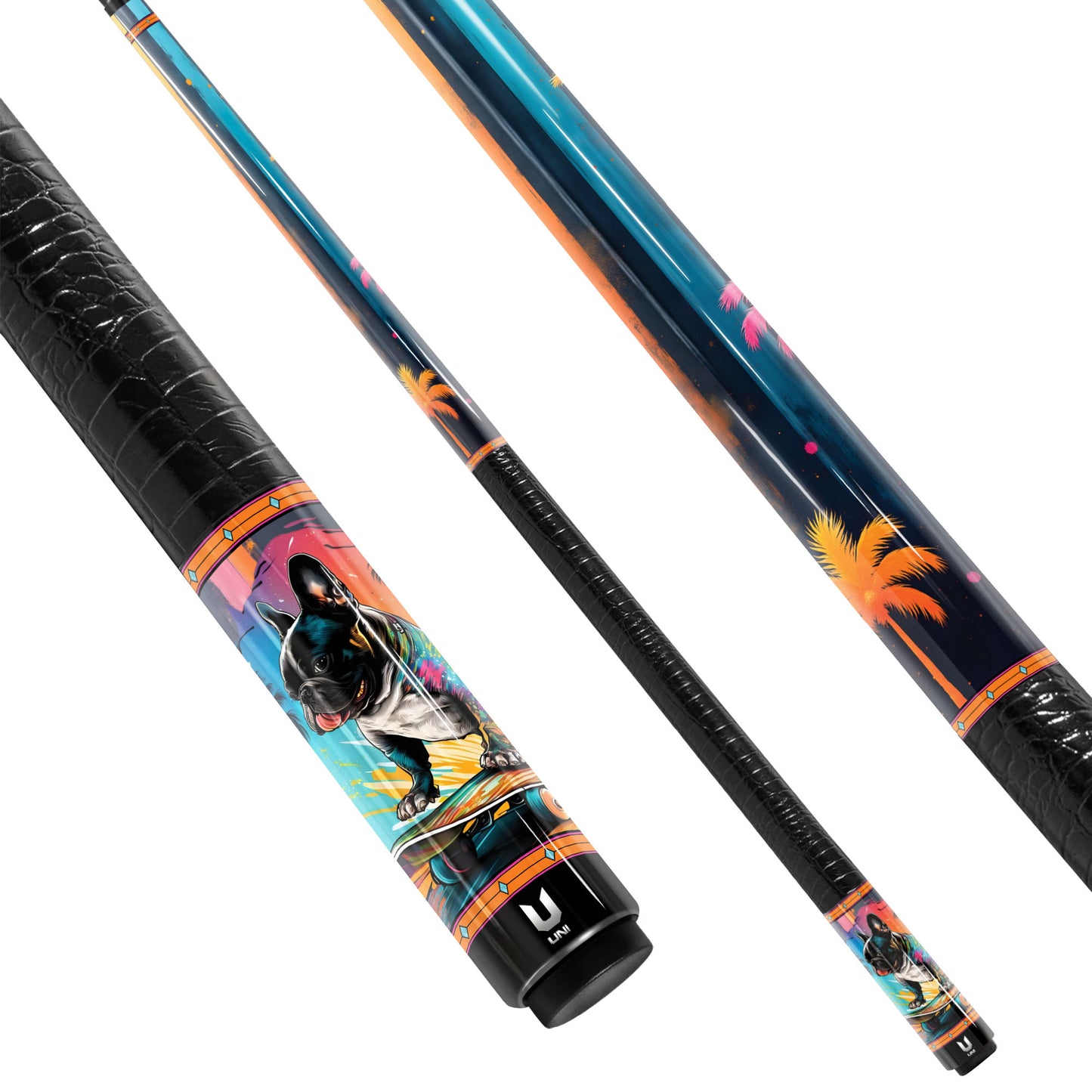 Skater Frenchie Paradise Carbon Fiber Pool Cue - Tropical Pop Art & Streetwear Design