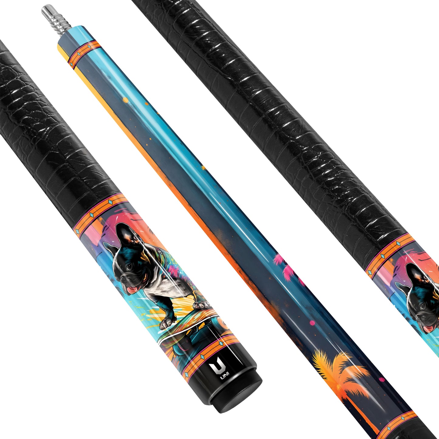 Skater Frenchie Paradise Carbon Fiber Pool Cue - Tropical Pop Art & Streetwear Design