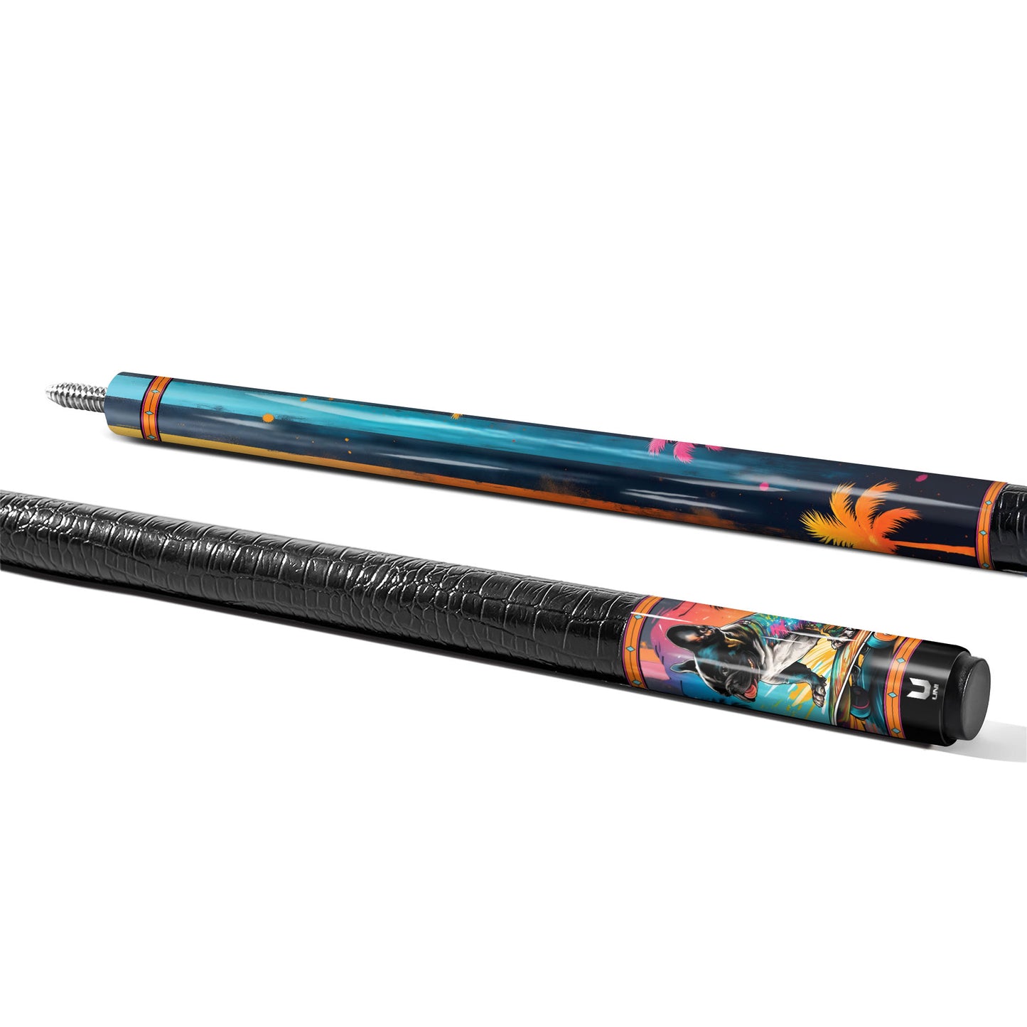 Skater Frenchie Paradise Carbon Fiber Pool Cue - Tropical Pop Art & Streetwear Design