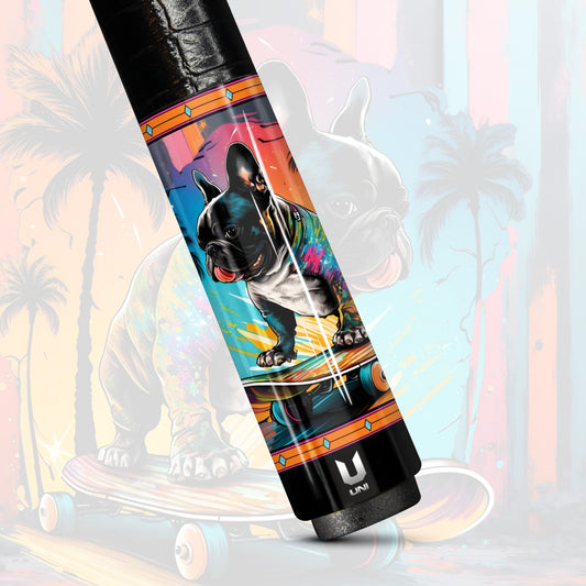 Skater Frenchie Paradise Carbon Fiber Pool Cue - Tropical Pop Art & Streetwear Design