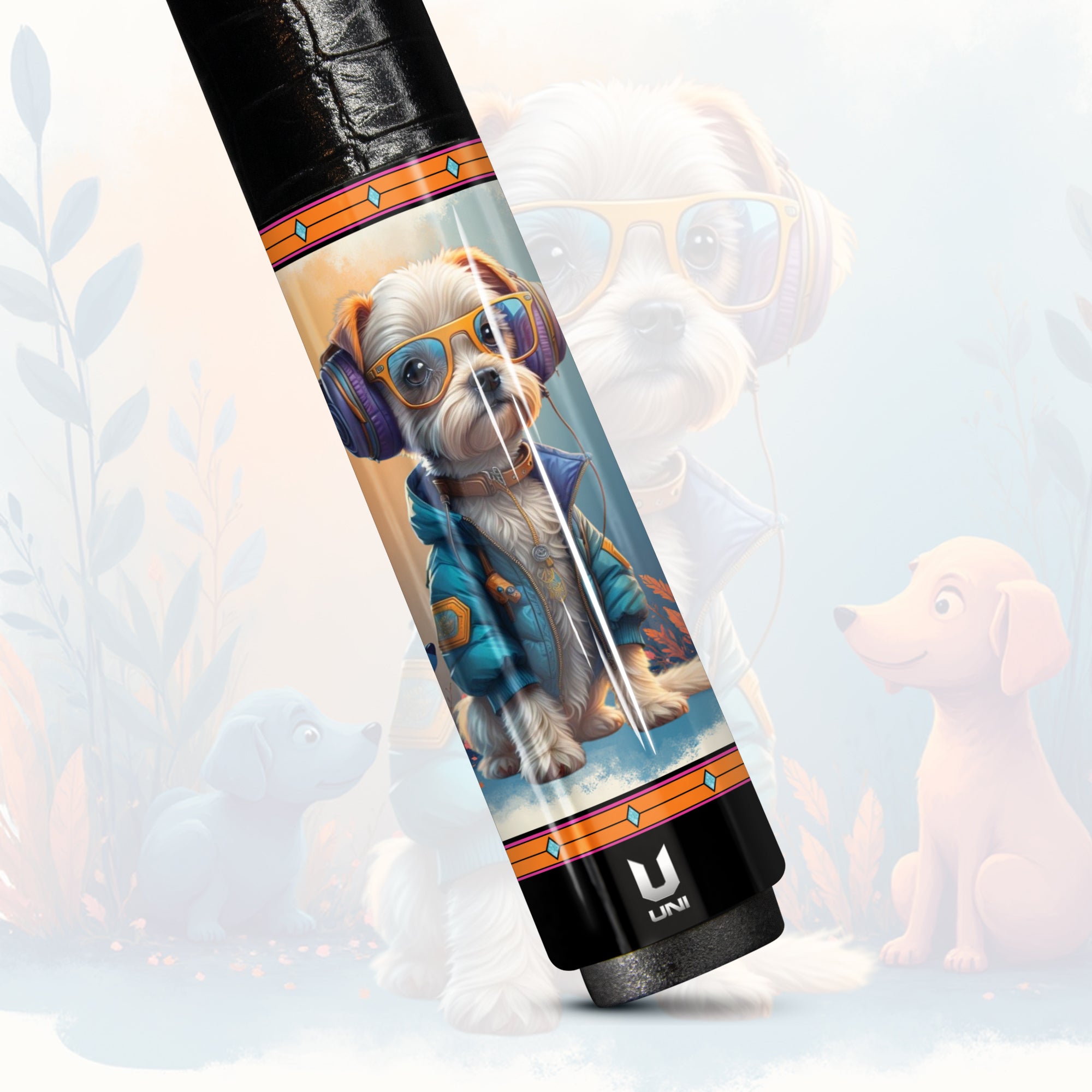 Serene Puppy Watercolor Carbon Fiber Pool Cue - Artistic Nature & Pet Lover Design Stick