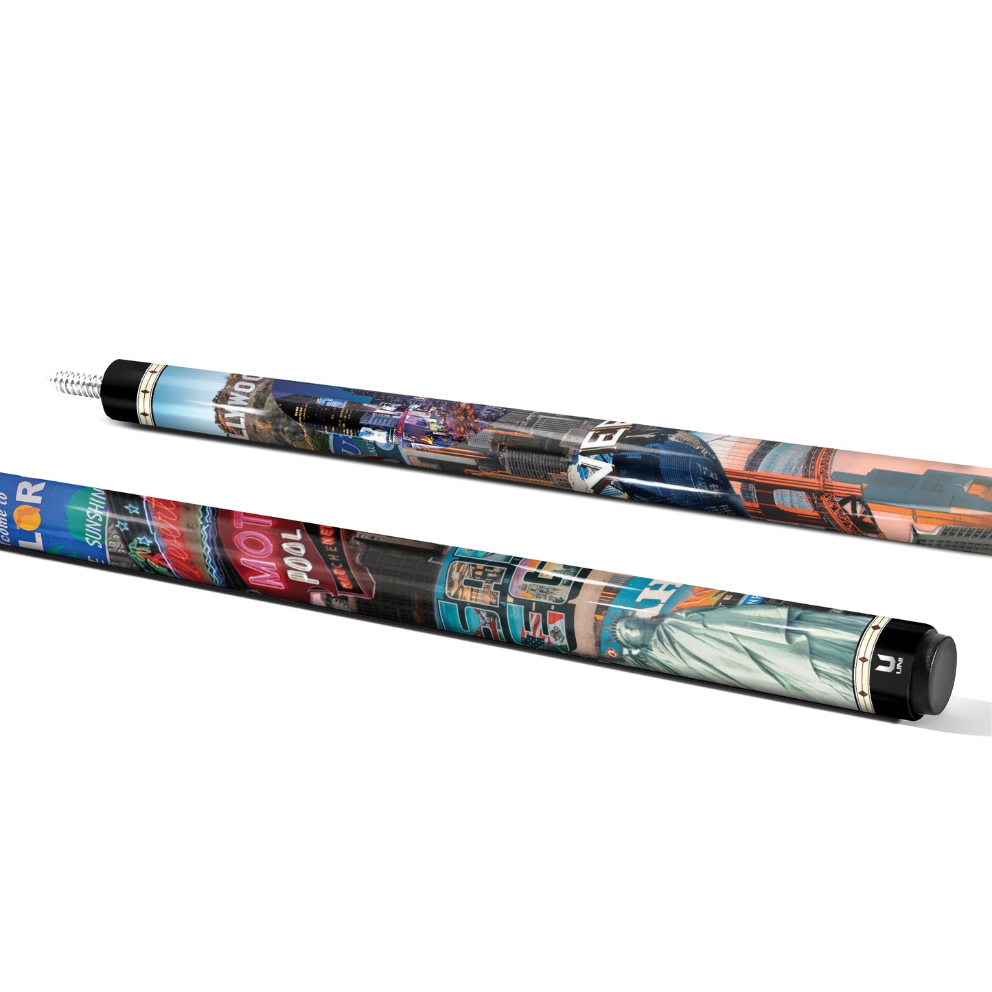 Ultimate "American Dream" Collage Carbon Fiber Pool Cue - USA Landmarks & Pop Culture Heritage Stick