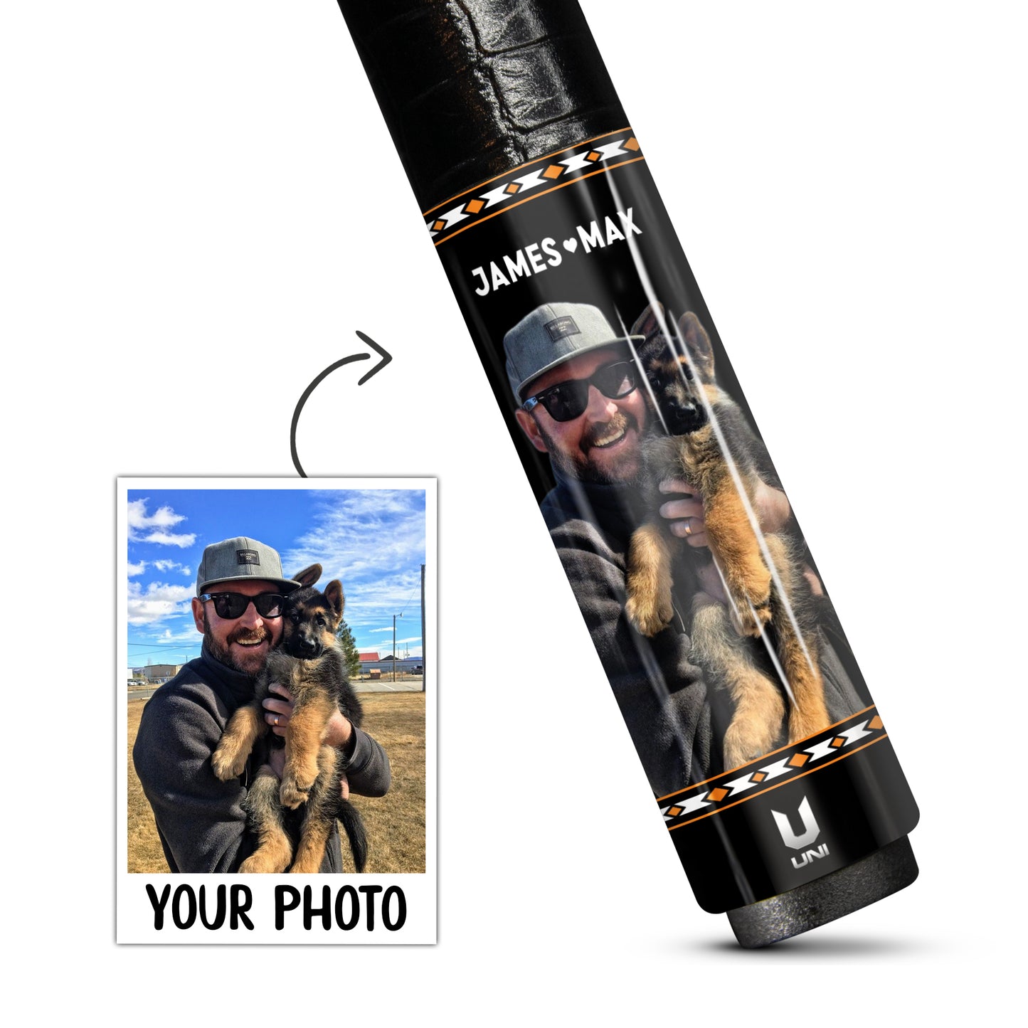 Gậy bi-a sợi carbon in ảnh thú cưng và chủ nhân theo yêu cầu – Gậy bi-a cá nhân hóa với hình ảnh của bạn.