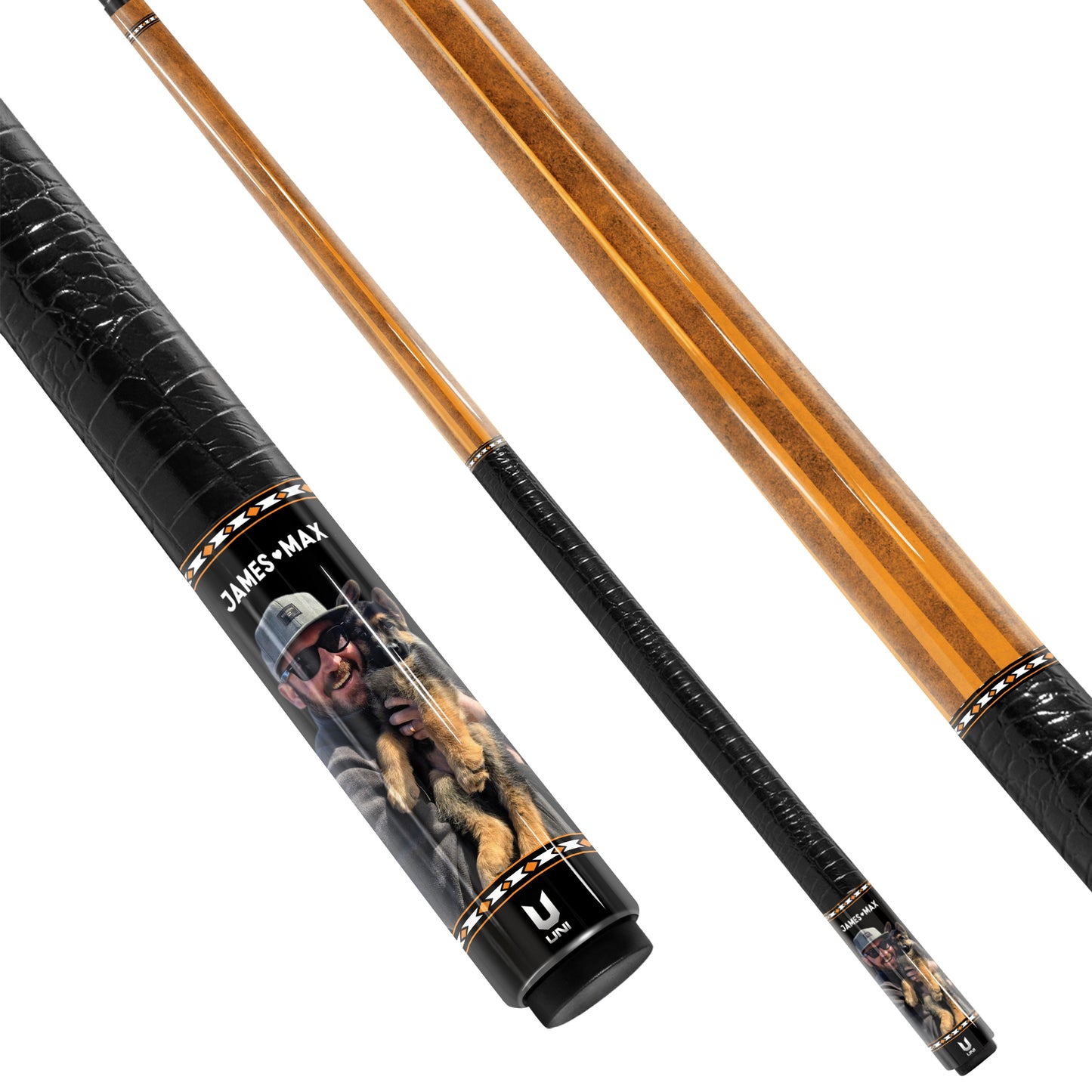 Gậy bi-a sợi carbon in ảnh thú cưng và chủ nhân theo yêu cầu – Gậy bi-a cá nhân hóa với hình ảnh của bạn.