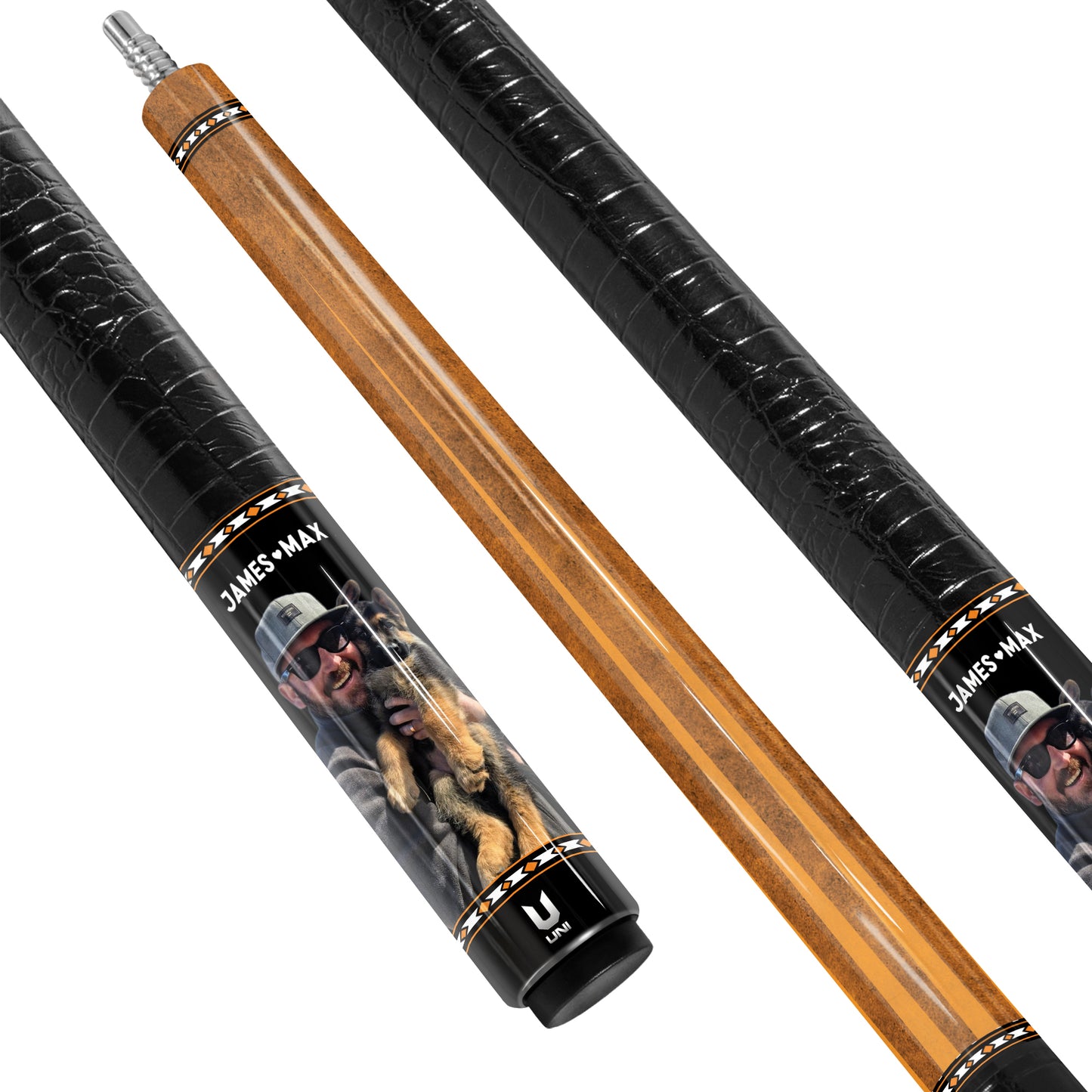 Gậy bi-a sợi carbon in ảnh thú cưng và chủ nhân theo yêu cầu – Gậy bi-a cá nhân hóa với hình ảnh của bạn.