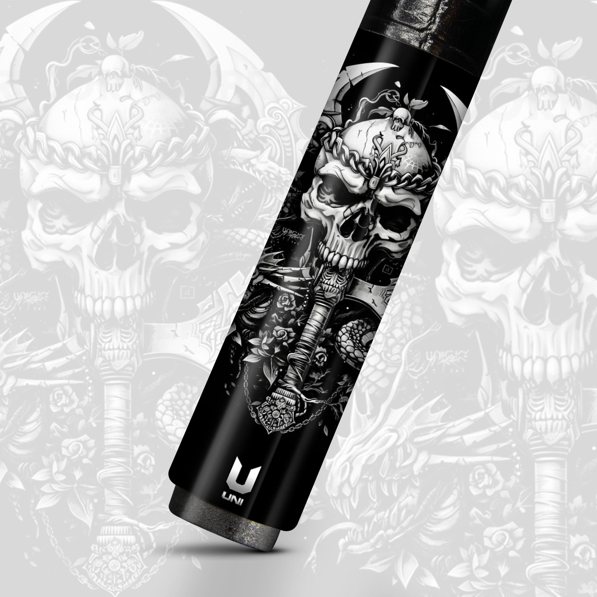 Dark Viking Warrior Skull Carbon Fiber Pool Cue - Dragon Axe Gothic Blackwork Stick