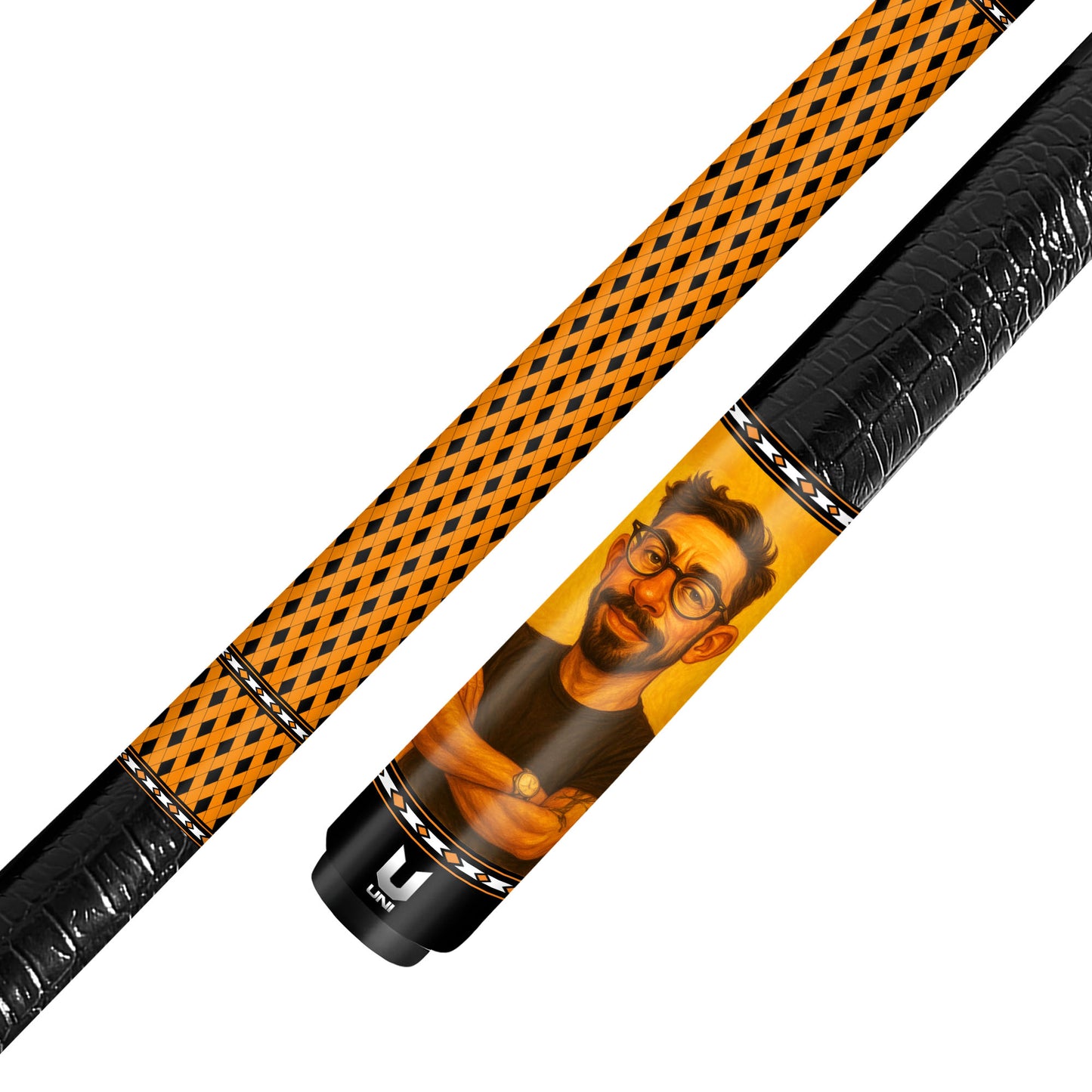 Personalized Caricature Cue Design – Carbon Fiber Pool Cue – Custom Cartoon Drawing From Photo