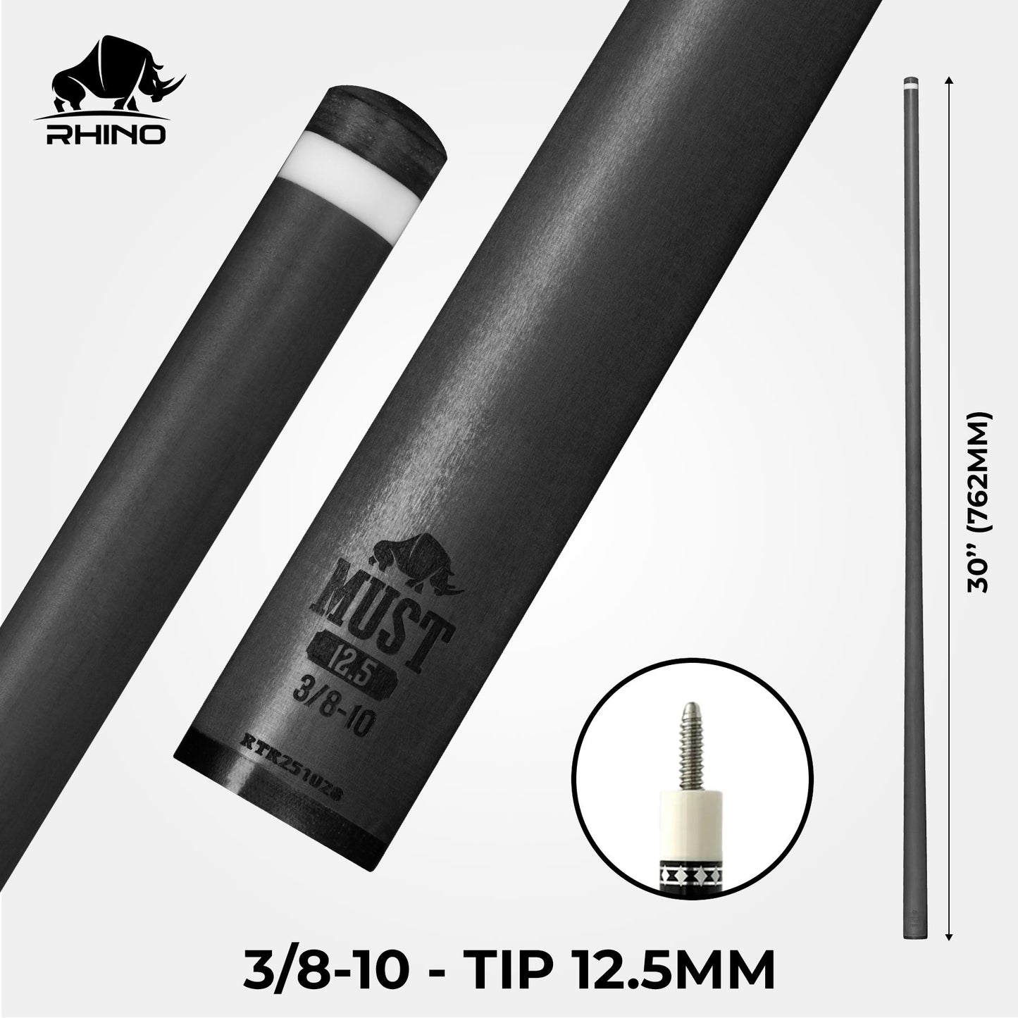 RHINO MUST 30" / 3/8-10 Pro Carbon Pool Cue Single Shaft