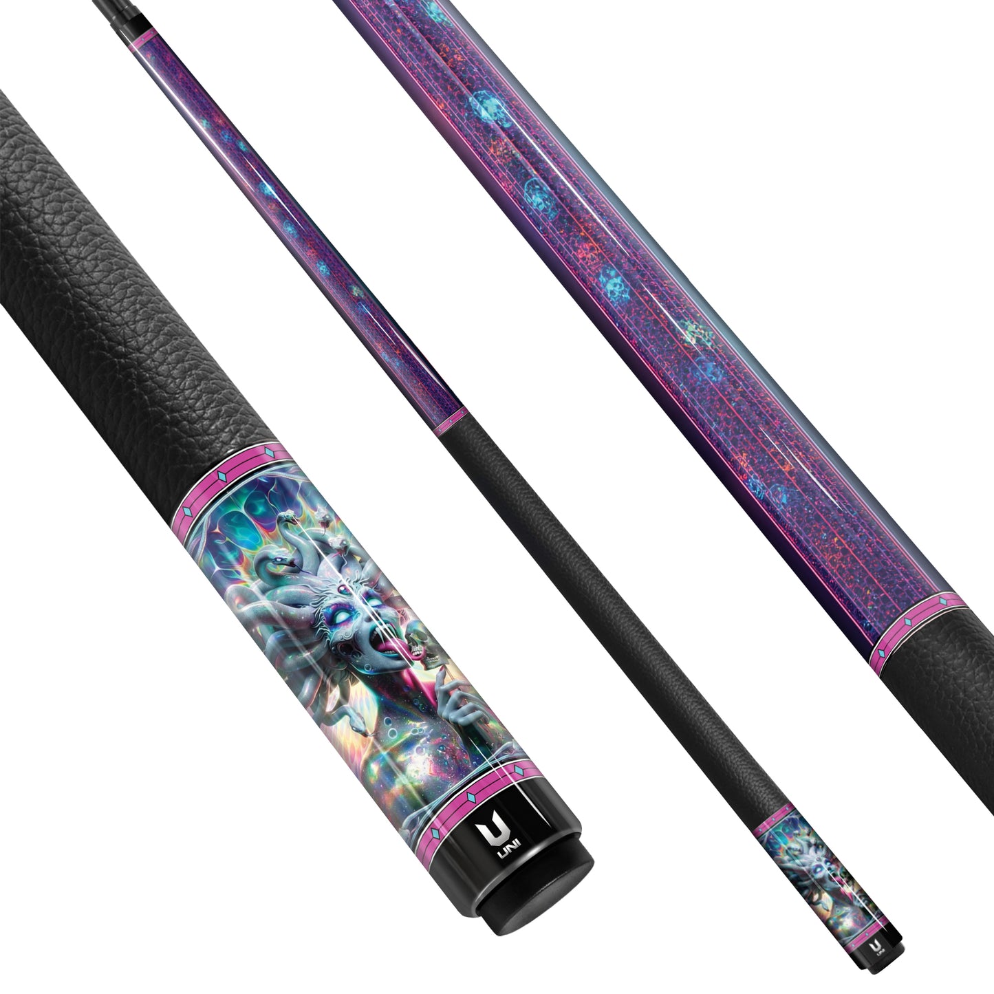 **Medusa’s Gaze Carbon Fiber Pool Cue – Psychedelic Neon Skull Edition – High-Performance Pro Cue**