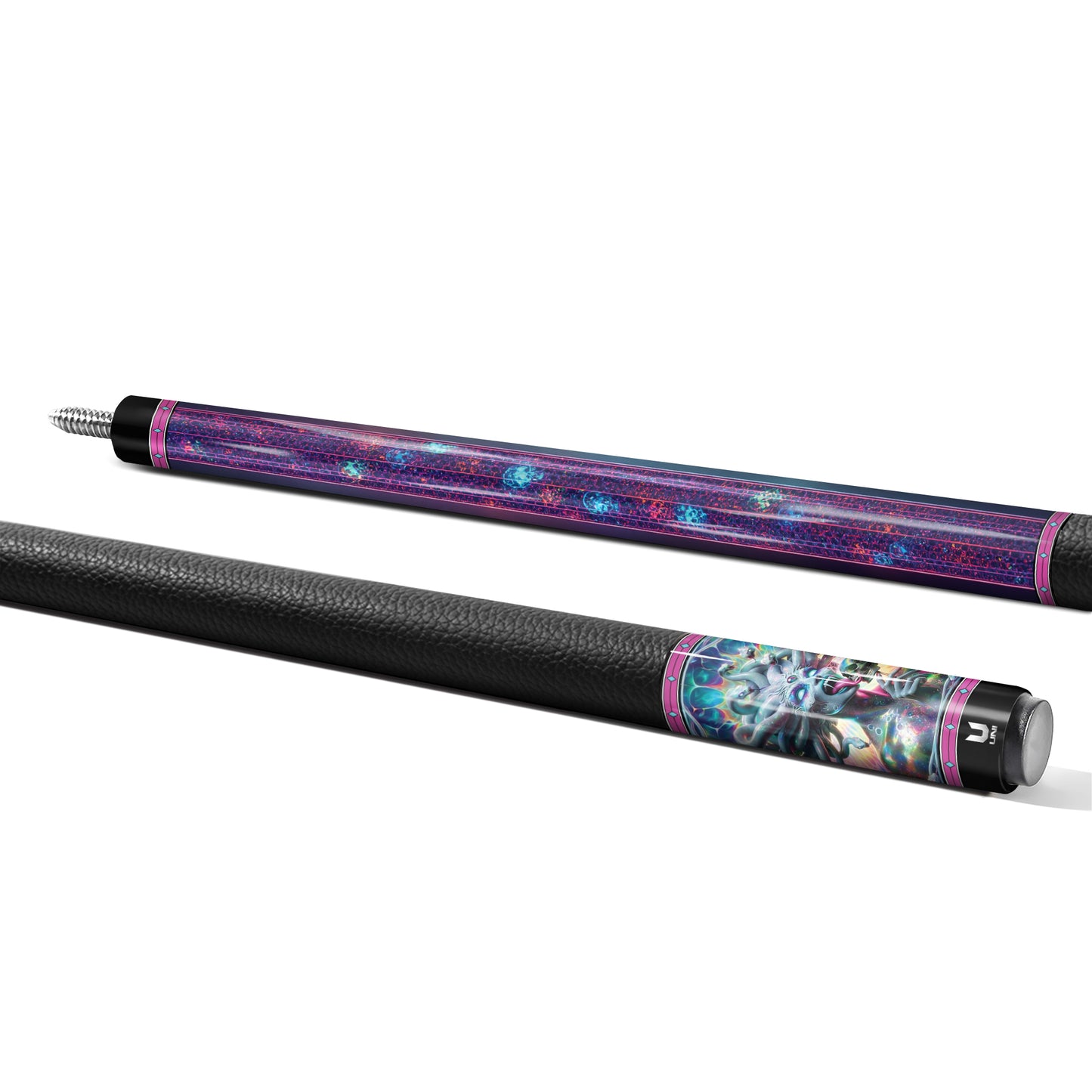 **Medusa’s Gaze Carbon Fiber Pool Cue – Psychedelic Neon Skull Edition – High-Performance Pro Cue**