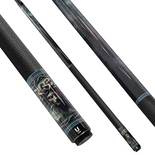 Medusa "Infernal Stare" Custom Carbon Fiber Billiard Cue - Gorgon's Strike Series - Low Deflection Performance - High-Definition Dark Gothic Art Stick with Crimson Ashes