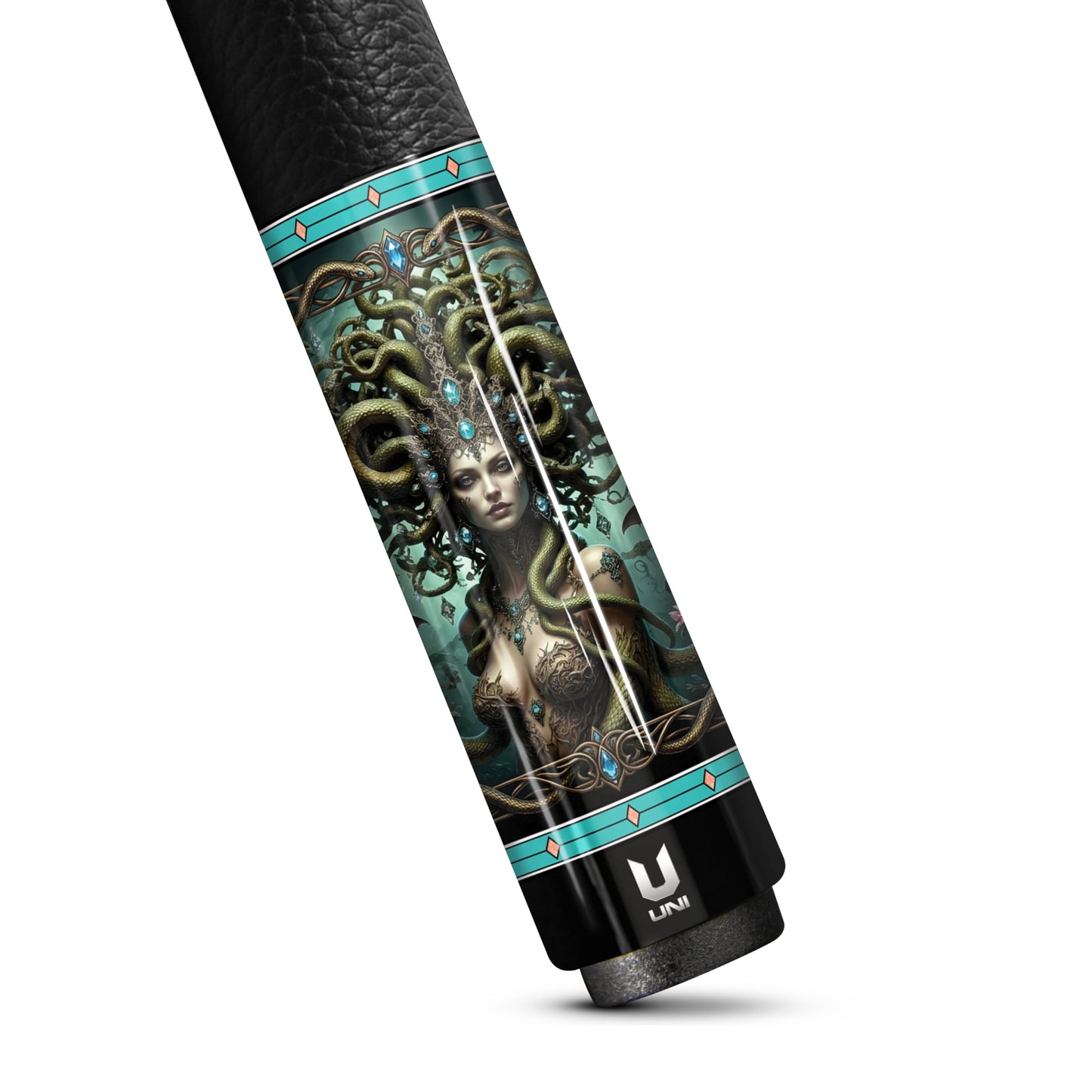 Medusa "Emerald Empress" Custom Carbon Fiber Billiard Cue - Regal Gold Filigree & Glowing Teal Crystals - Elite Low Deflection Performance Stick