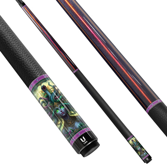Medusa "Bioluminescent Empress" Custom Carbon Fiber Billiard Cue - Neon Laser & Gold Scrollwork - High-Performance Low Deflection Stick