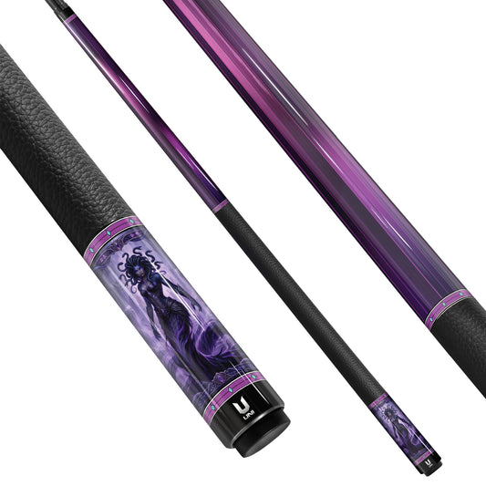 Medusa "Abyssal Empress" Custom Carbon Fiber Pool Cue - Deep Purple Cosmic Energy Design - Pro-Level Low Deflection Stick with Leather Grip
