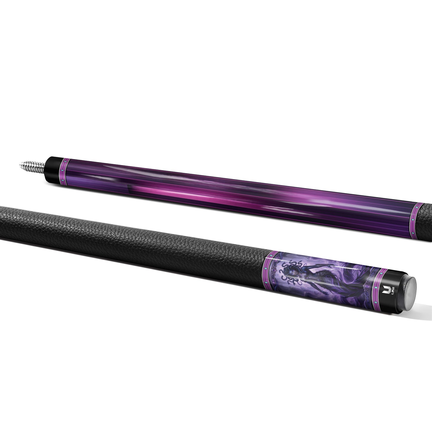 Medusa "Abyssal Empress" Custom Carbon Fiber Pool Cue - Deep Purple Cosmic Energy Design - Pro-Level Low Deflection Stick with Leather Grip