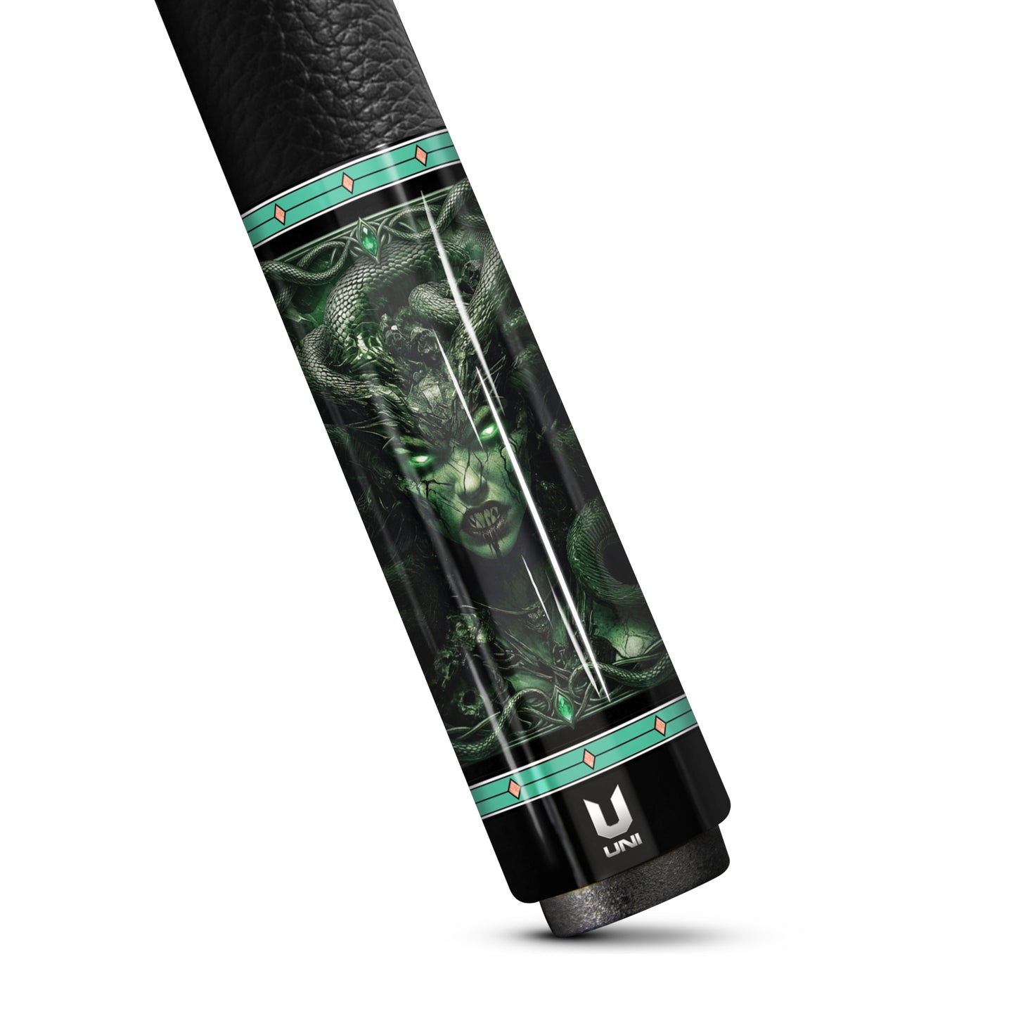 Medusa "Emerald Venom" Custom Carbon Fiber Billiard Cue - High-Performance Low Deflection Stick - Neon Green Gorgon Art & Bold Pink Contrast Grip