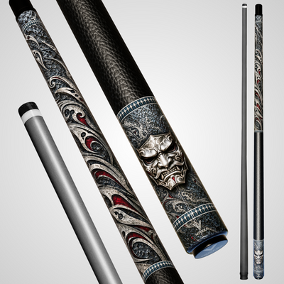 Novera Samurai Mask Pool Cue | Black Steel Silver Tribal Theme