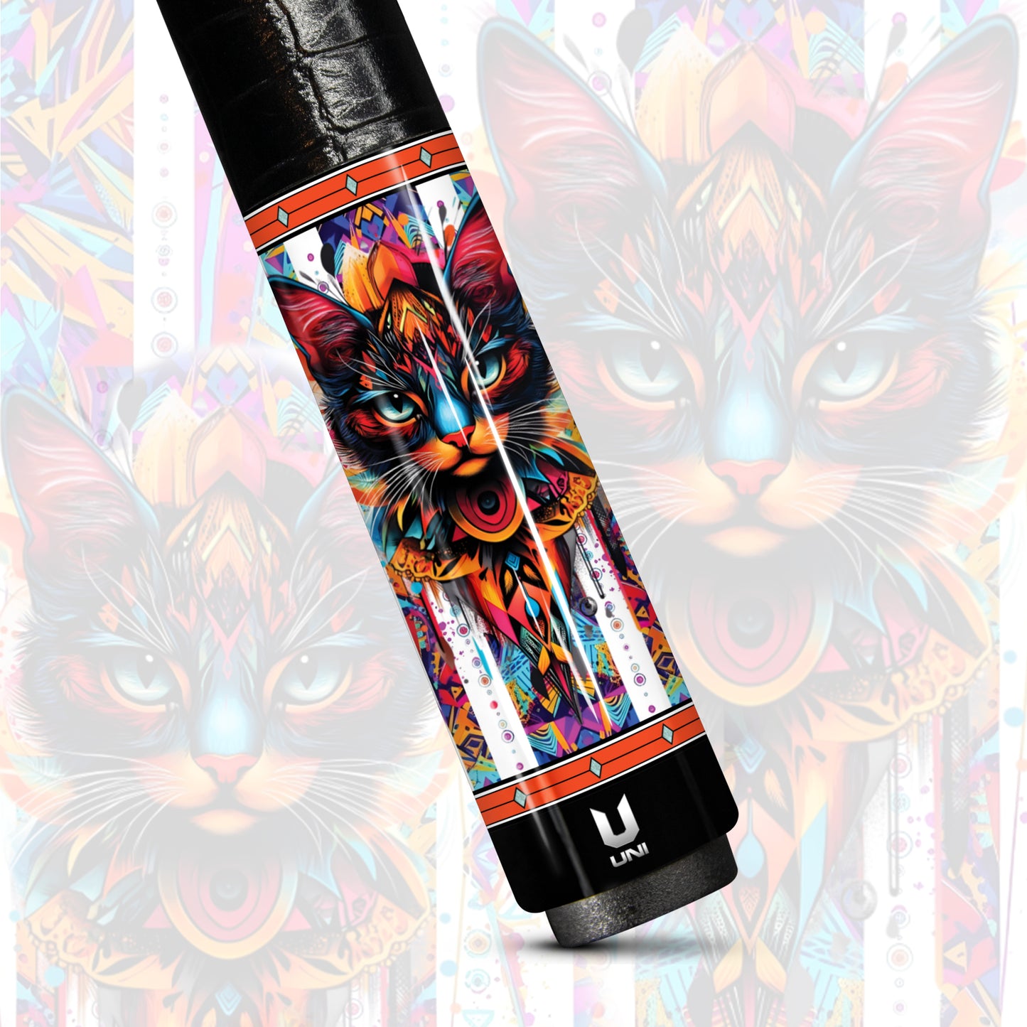 Kaleidoscope Guardian Cat Carbon Fiber Pool Cue - Modern Tribal Geometric & Vibrant Art Professional Stick
