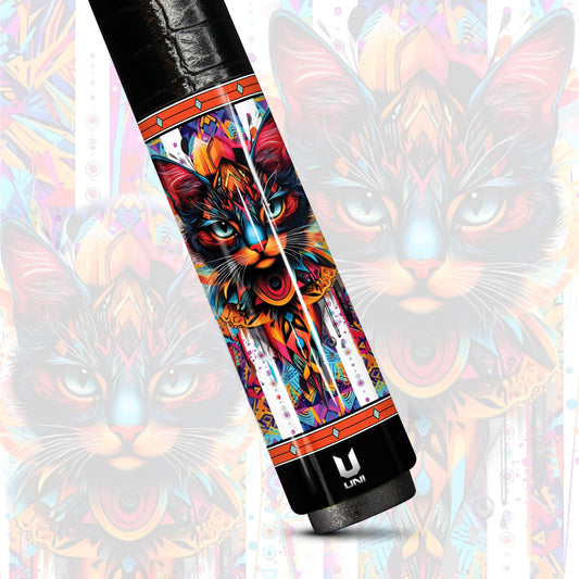 Kaleidoscope Guardian Cat Carbon Fiber Pool Cue - Modern Tribal Geometric & Vibrant Art Professional Stick