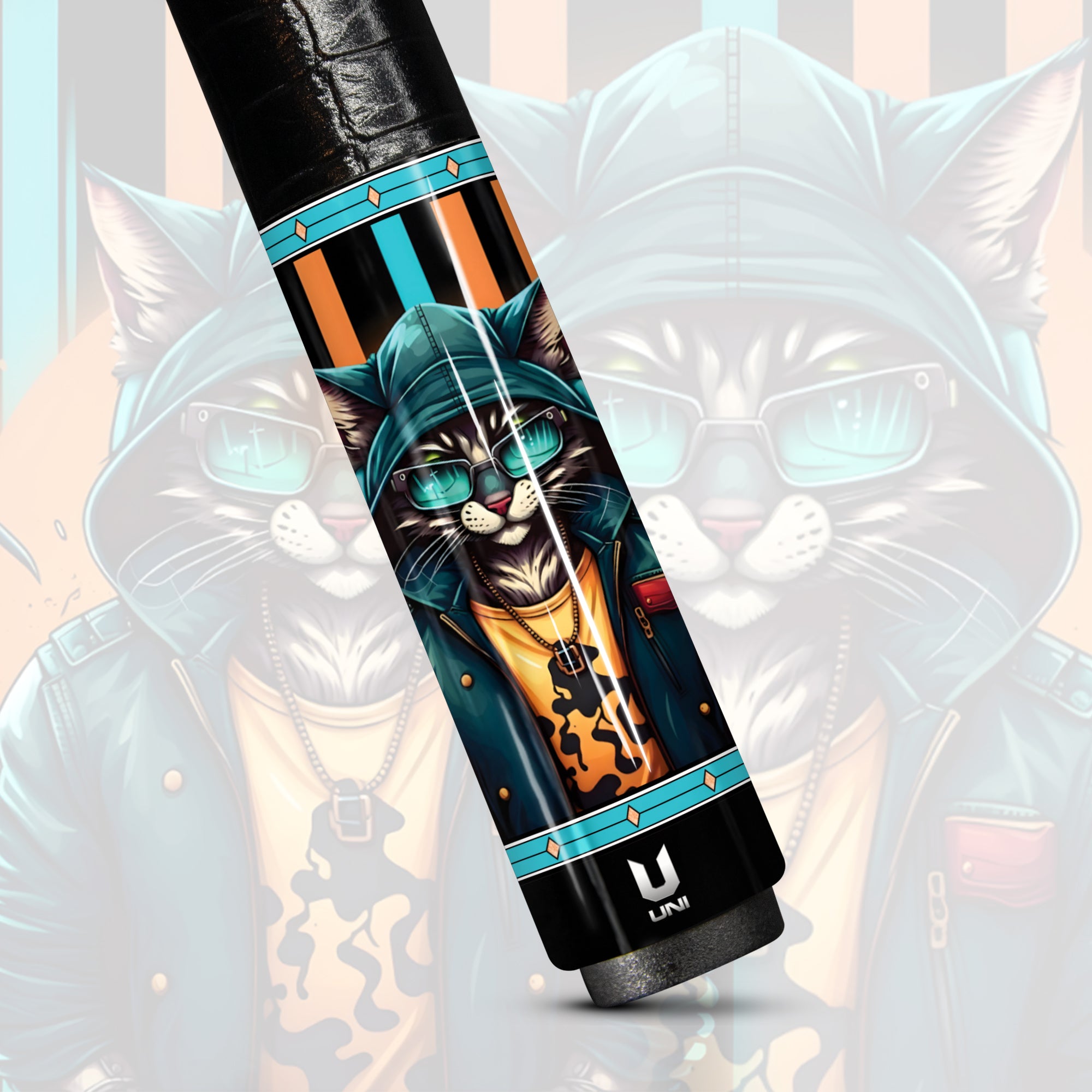 Cyber-Hoodie Cat Carbon Fiber Pool Cue - Futuristic Teal & Orange Streetwear Art Stick