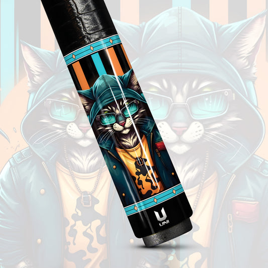 Cyber-Hoodie Cat Carbon Fiber Pool Cue - Futuristic Teal & Orange Streetwear Art Stick