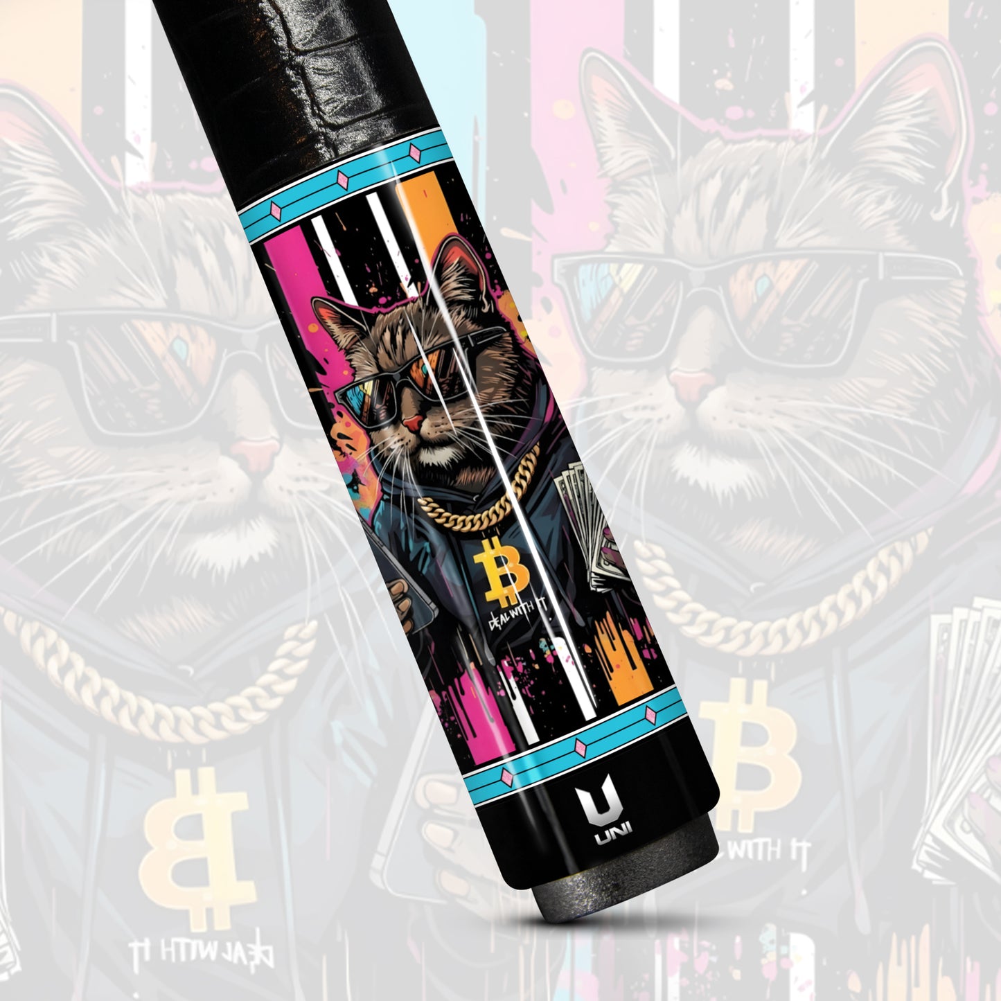 Bitcoin Rich Cat Carbon Fiber Pool Cue - Crypto Boss & Neon Graffiti Art Stick