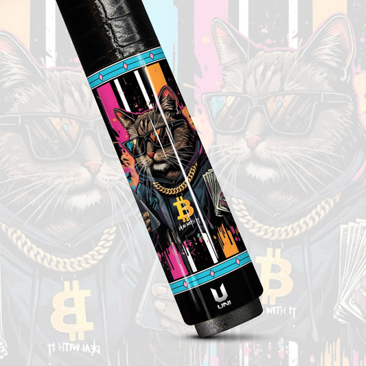 Bitcoin Rich Cat Carbon Fiber Pool Cue - Crypto Boss & Neon Graffiti Art Stick