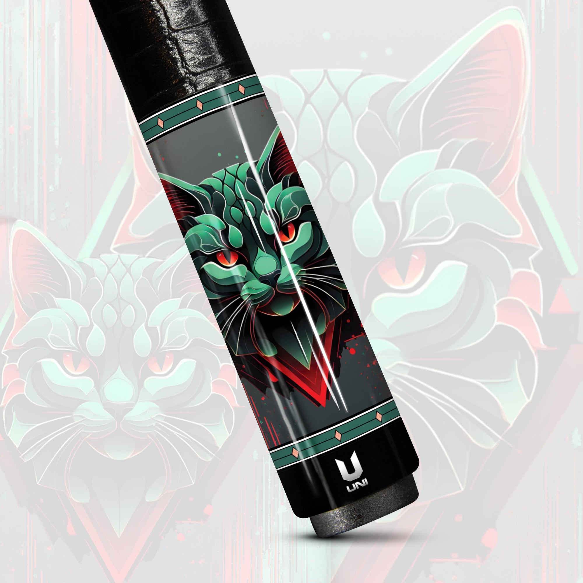Cybernetic Predator Cat Carbon Fiber Pool Cue - Digital Glitch & Red Neon Tech Art Stick