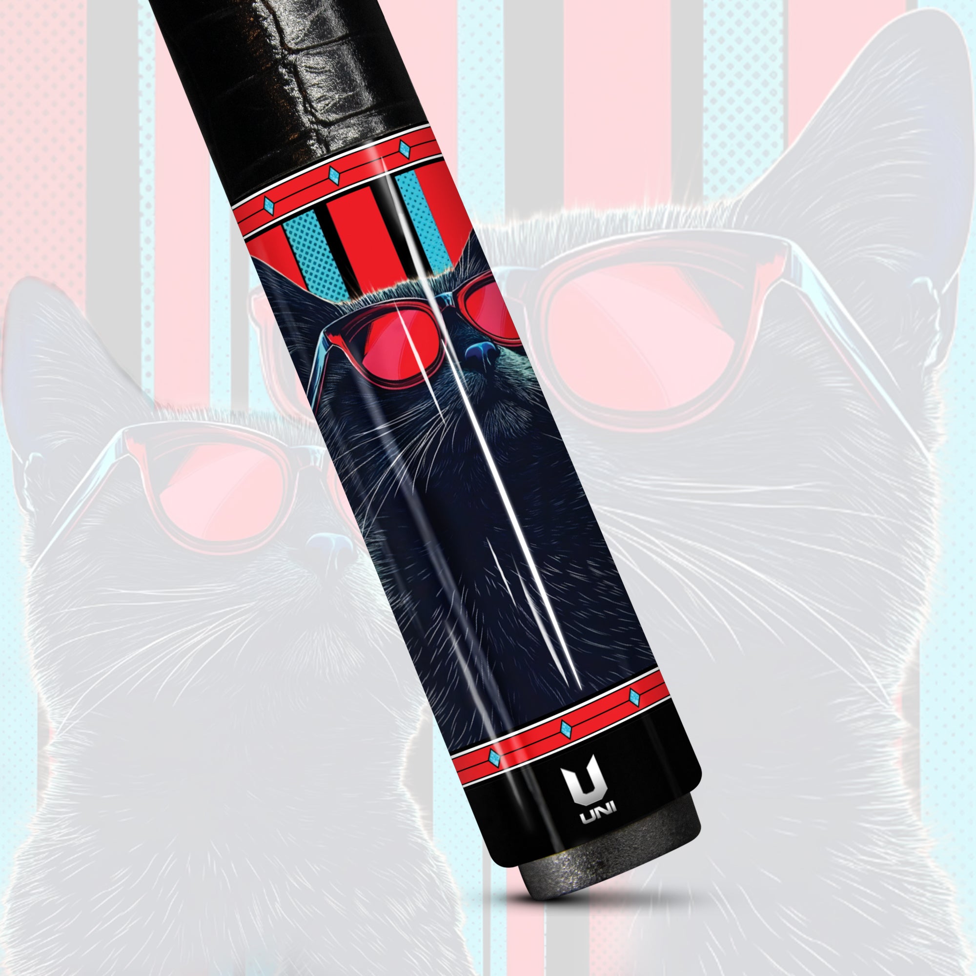 Retro-Pop Black Cat Carbon Fiber Pool Cue - Red & Teal Half-Tone Art Professional Stick