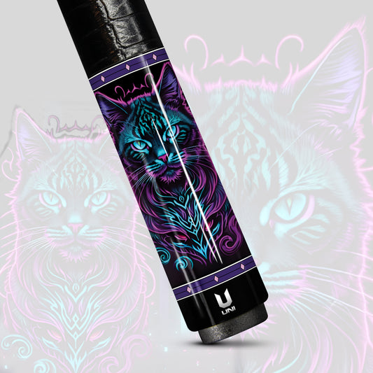 Mystical Glow Cat Carbon Fiber Pool Cue - Teal & Purple Neon Mandala Art Professional Stick