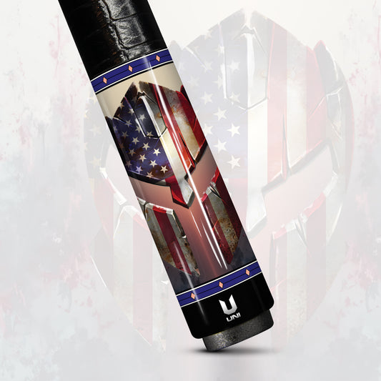 "Spartan Patriot" Carbon Fiber Pool Cue – Battle-Worn Helmet Edition | Warrior Spirit Performance Stick