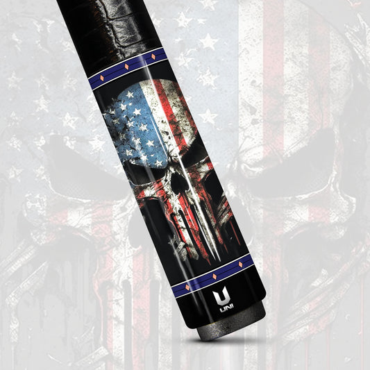Punisher Patriot Carbon Fiber Pool Cue - Distressed Flag & Tactical Skull Art Stick