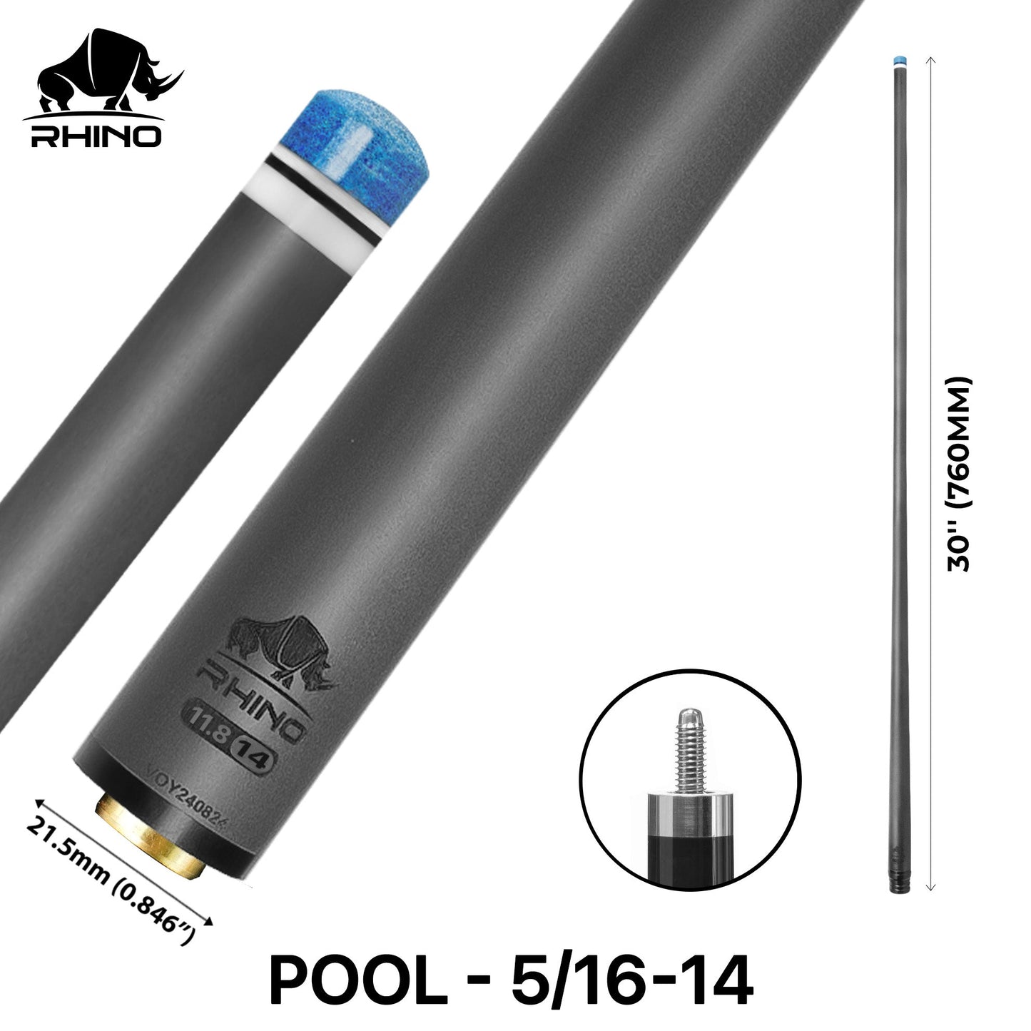 Rhino - 30" / 5/16-14 Carbon Pool Cue Single Shaft