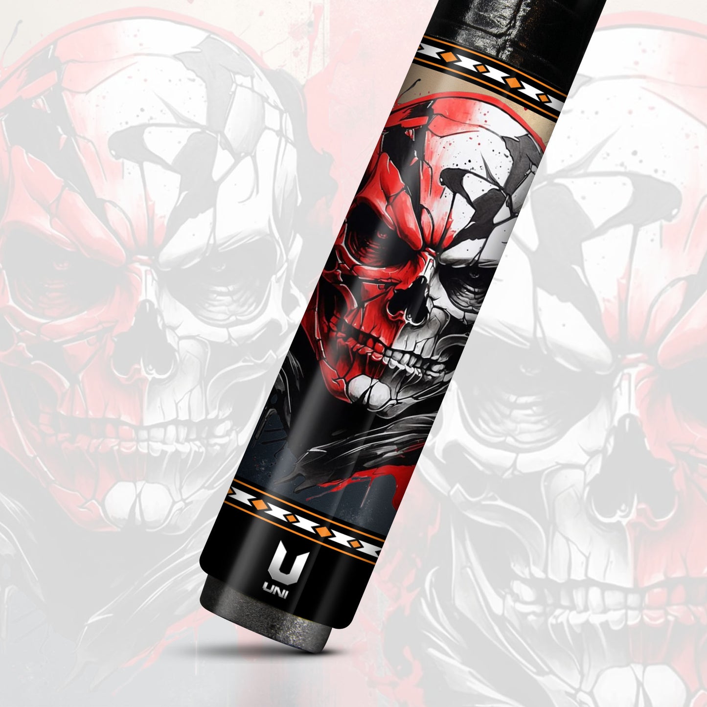 Two-Face Splatter Skull Carbon Fiber Pool Cue - Red & Black Aggression Art Stick