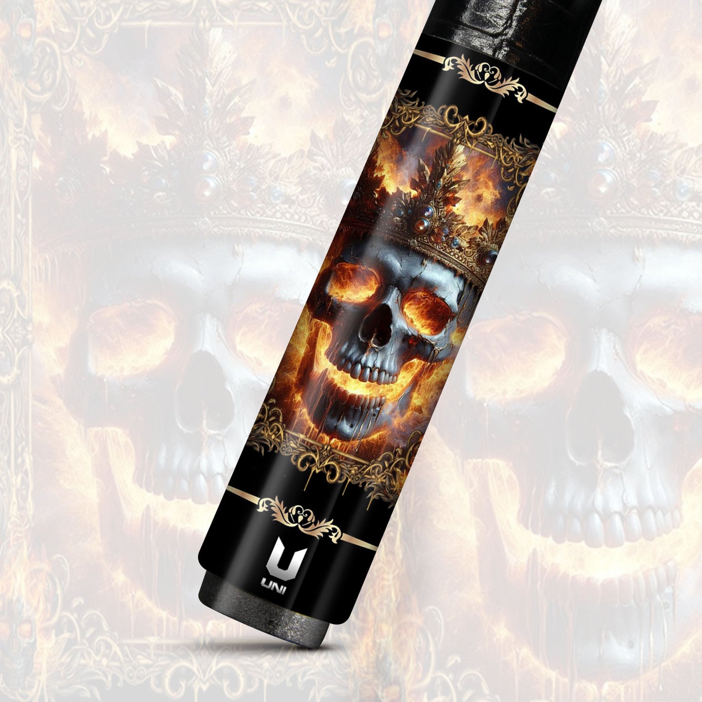 Crowned Emperor Carbon Fiber Pool Cue - Gold Frame Fire Skull Art Stick