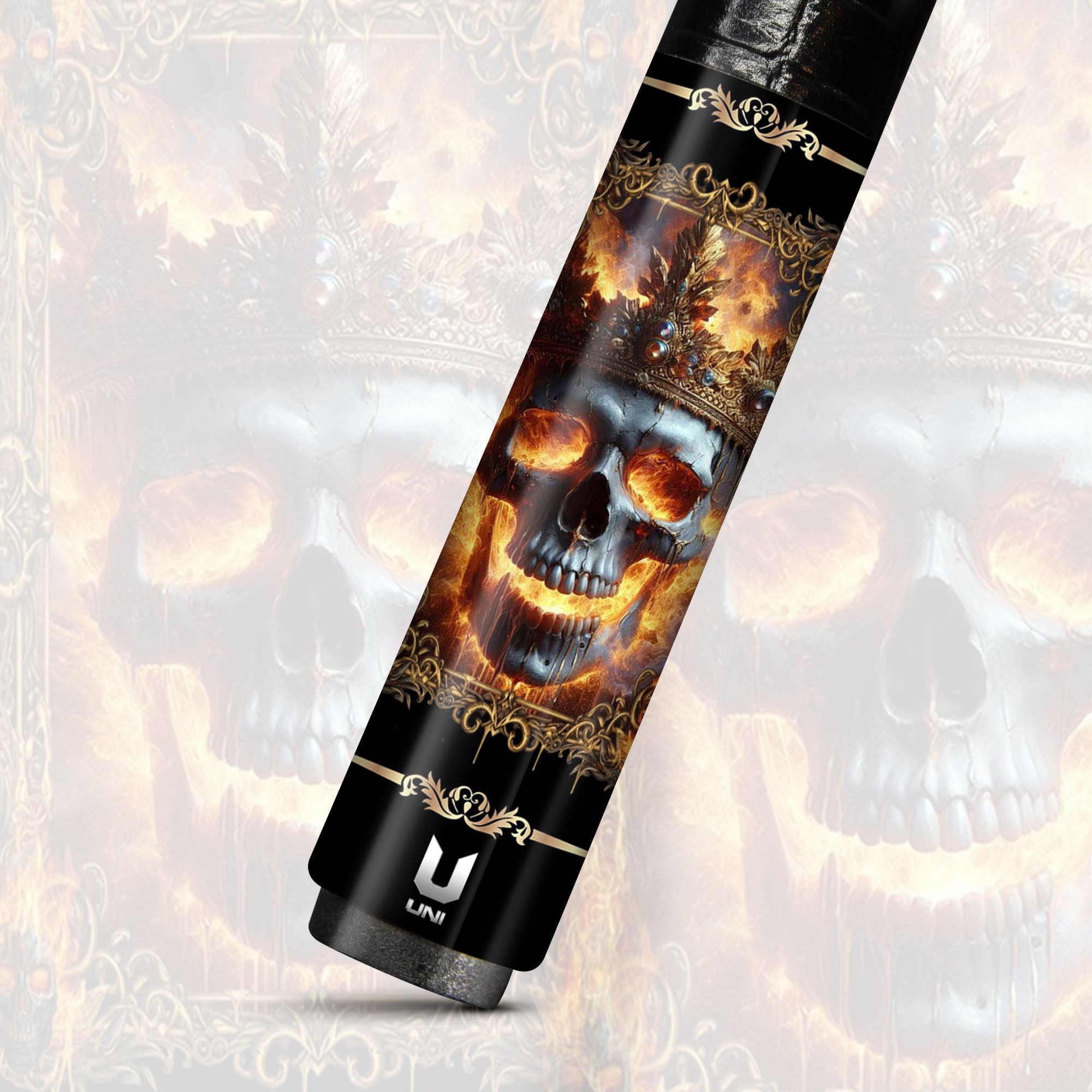 Crowned Emperor Carbon Fiber Pool Cue - Gold Frame Fire Skull Art Stick