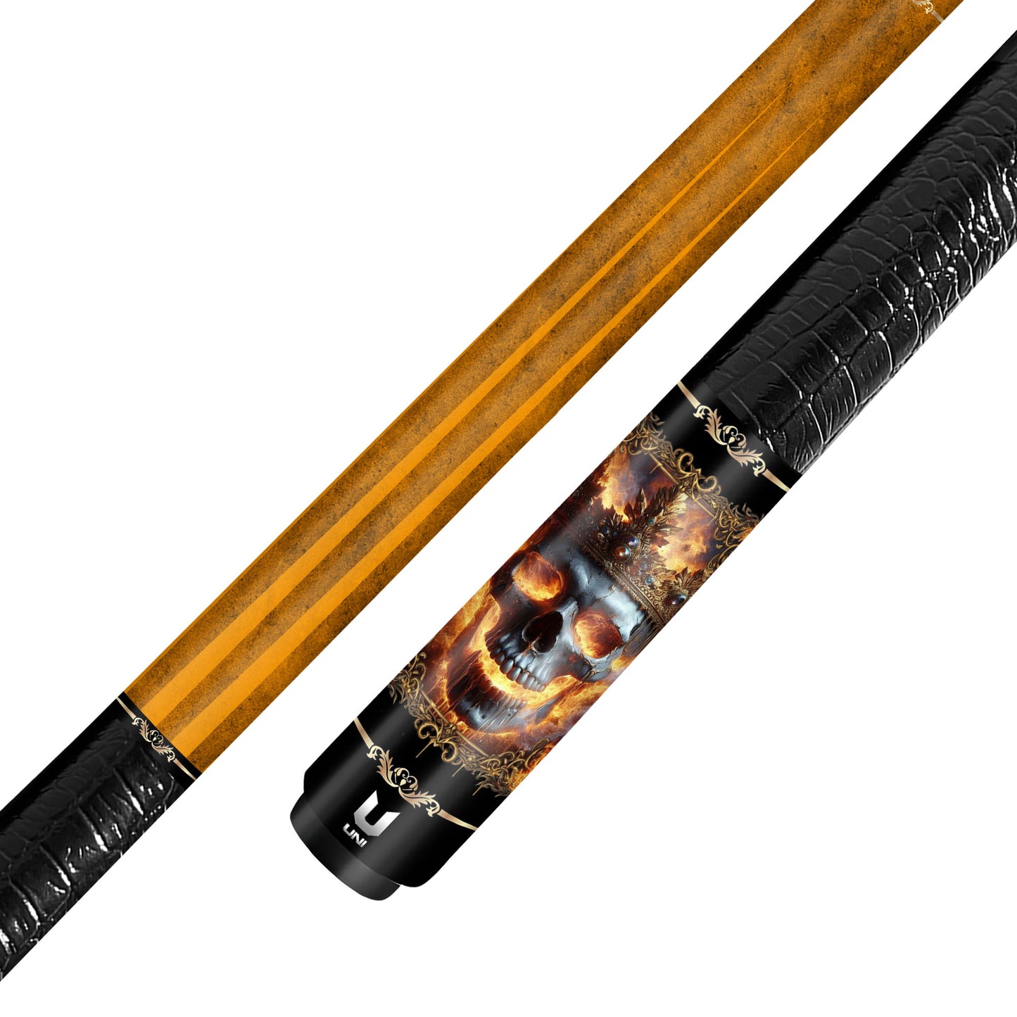 Crowned Emperor Carbon Fiber Pool Cue - Gold Frame Fire Skull Art Stick