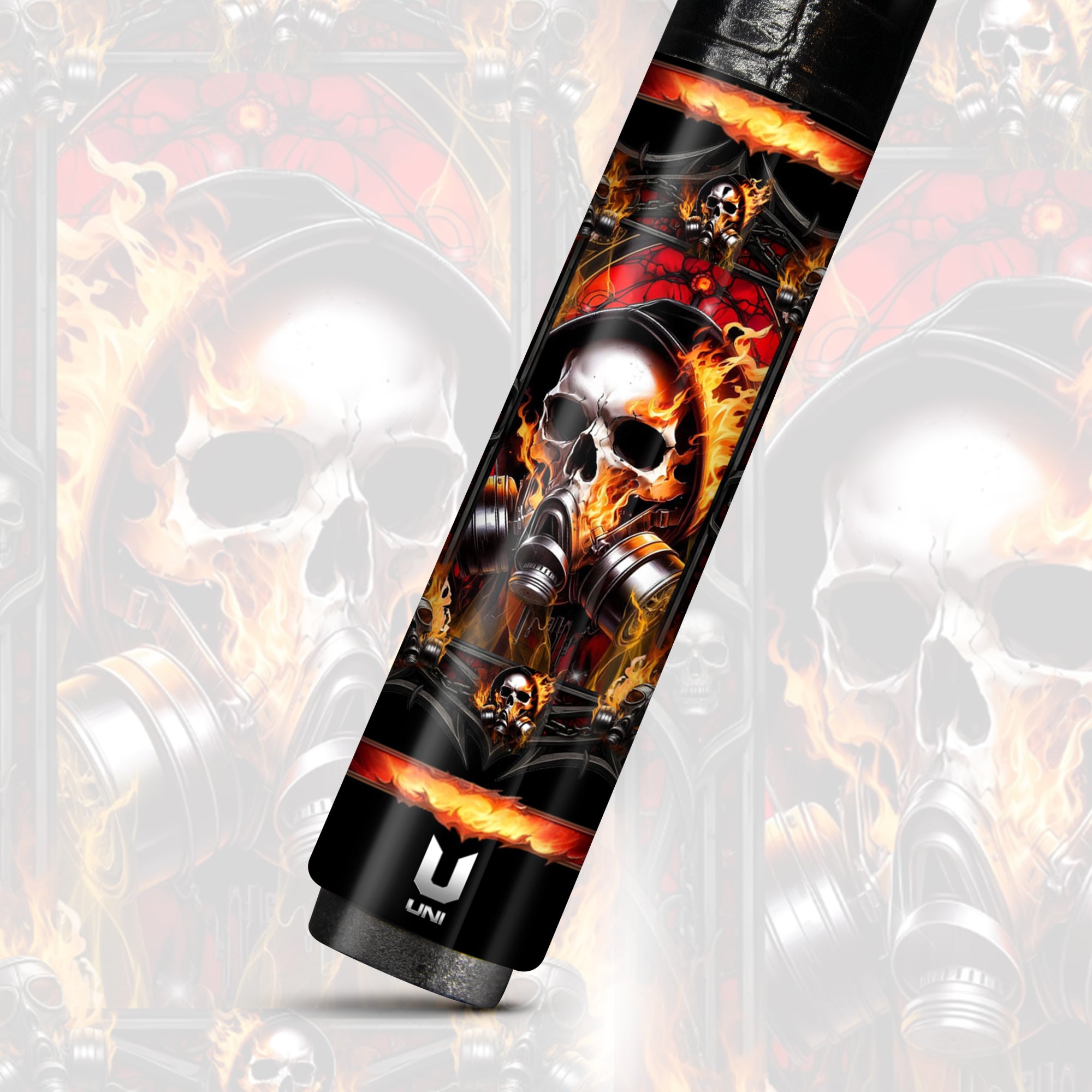 Apocalypse Gas Mask Fire Skull Carbon Fiber Pool Cue - Post-Nuke Survivor Stick
