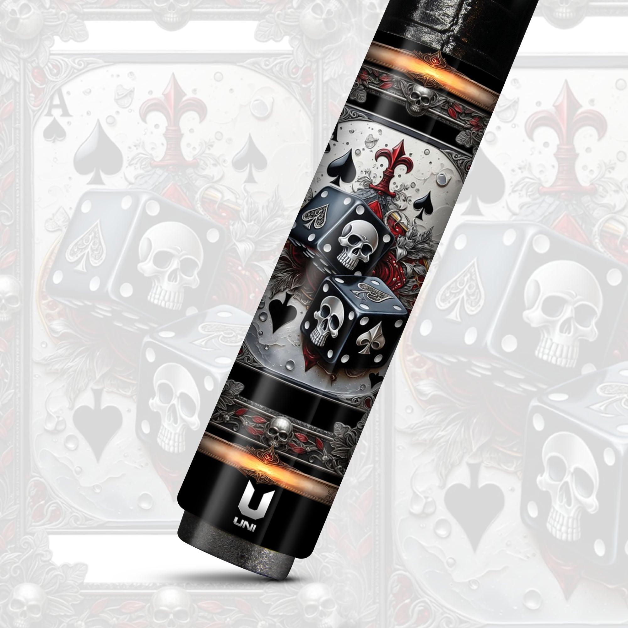 Gothic Casino Dice Skull Carbon Fiber Pool Cue - High Roller Spades Art Stick