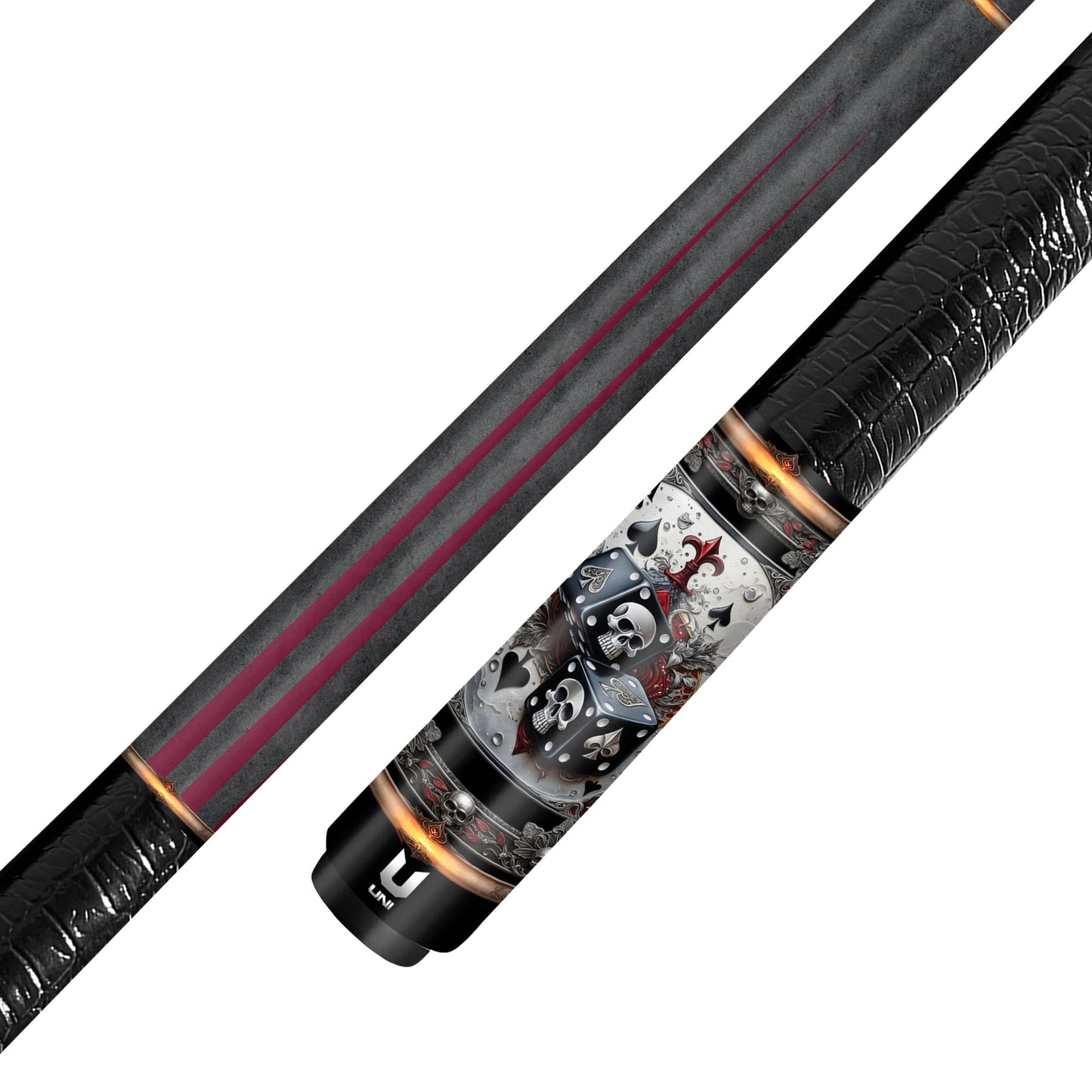 Gothic Casino Dice Skull Carbon Fiber Pool Cue - High Roller Spades Art Stick