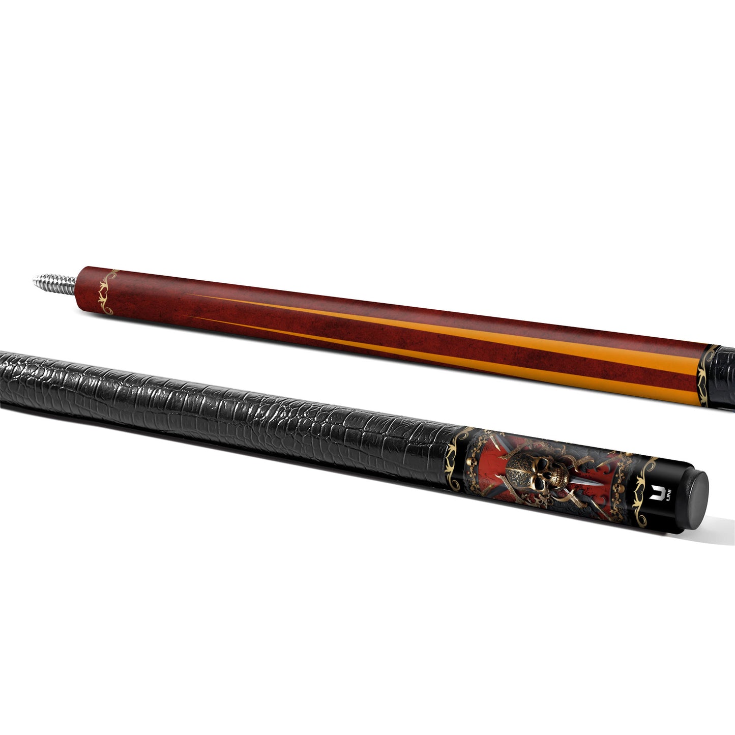 Regal Warrior Skull Carbon Fiber Pool Cue - Gold Baroque Swords Art Stick