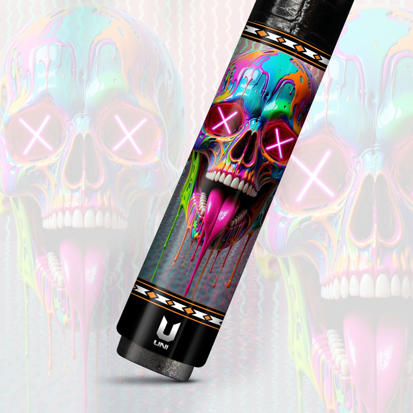 Neon Drip Rave Skull Carbon Fiber Pool Cue - "X-Eyes" Street Art Performance Stick