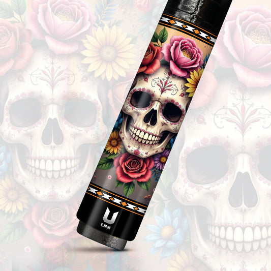 Floral Sugar Skull Carbon Fiber Pool Cue - Elegance Day of the Dead Calavera Art Stick