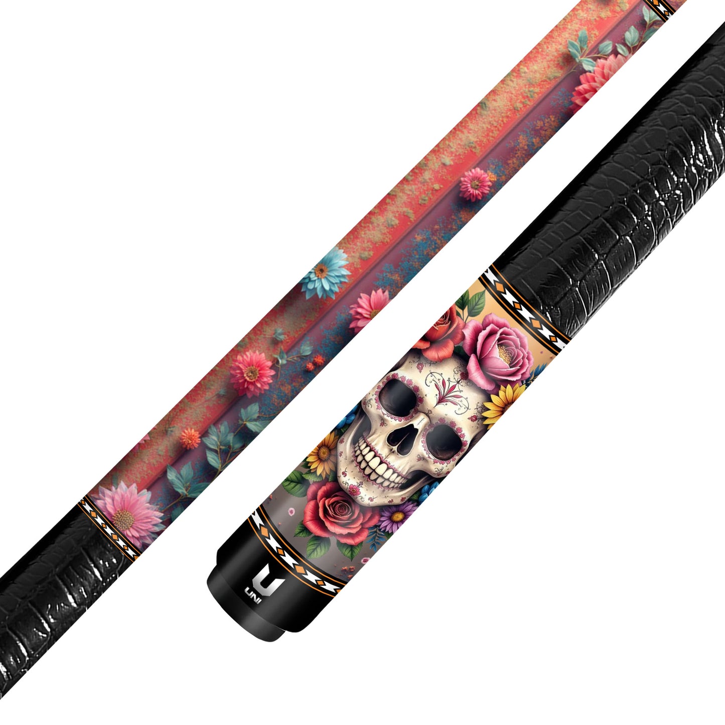 Cơ bida sợi carbon họa tiết đầu lâu đường hoa lá - Phong cách thanh lịch, nghệ thuật Calavera, thích hợp cho Lễ hội Ngày của người chết.