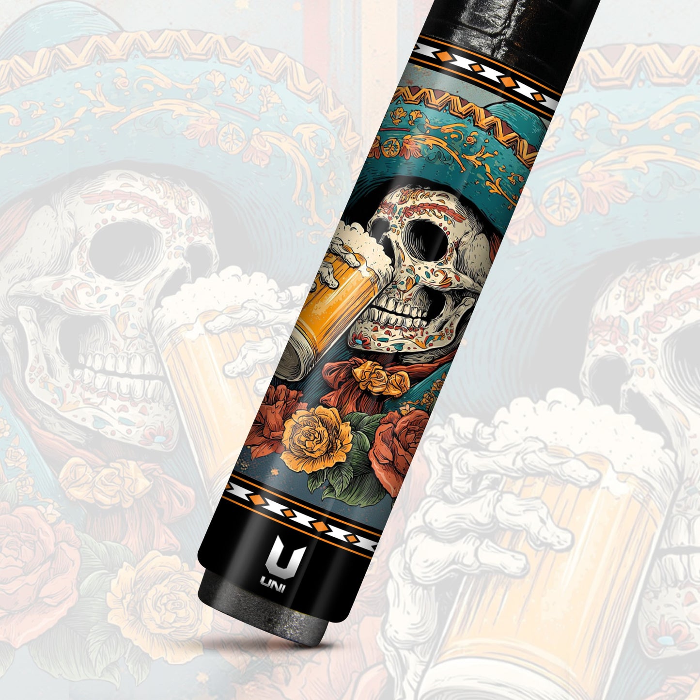 Mariachi Fiesta Skull Carbon Fiber Pool Cue - Sombrero & Beer Calavera Art Stick